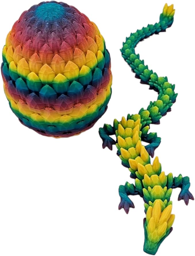 3D Printed Dragon Egg Articulating Gemstone Dragon Fidget Figurine - Vibrant Color Dragons Flexible ADHD, Autism and Anxiety Relief - Articulated Joints (Rainbow)
