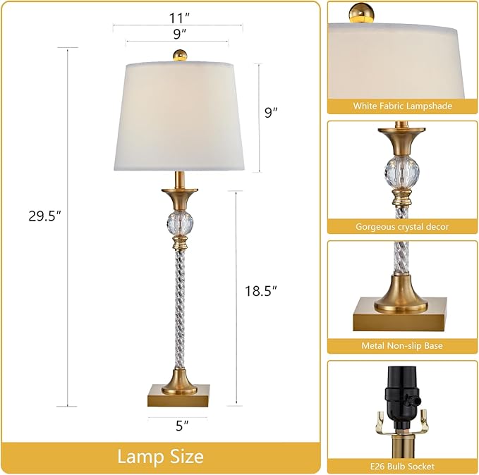 Maxax Crystal Buffet Table Lamps Set of 2, Modern 30” Tall Brass Gold Bedside Nightstand Lamp with White Shade for Living Room Bedroom End Table