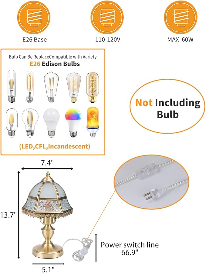 Retro Style Table Lamp, Mushroom Lamp, Frosted Glass Lampshade Brass Base for Living Room Bedroom House Nightstand, 7.4" W x 13.7" H
