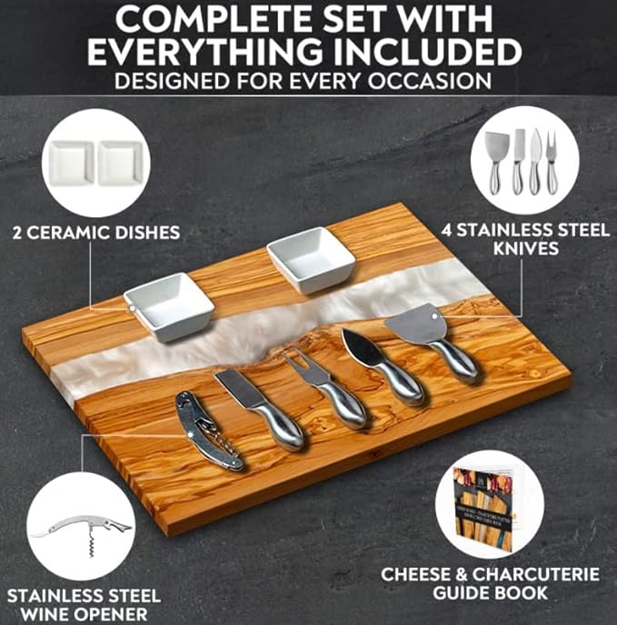 Handcrafted Italian Olive Wood Cheese & Charcuterie Board Set with Unique White Pearl Resin Artwork - Cutting Board Comes with 4 Cheese Knives, 2 Dipping Bowls & Corkscrew Wine Opener (White Pearl)