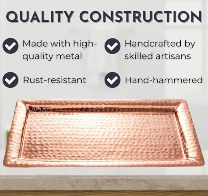Monarch Abode Hand Hammered Aluminum Serving Tray, 16-Inch Copper Plated– Rectangle Serving Platter, Large Serving Tray for Party, Fruit Platter, Dessert Trays, Serving Dishes