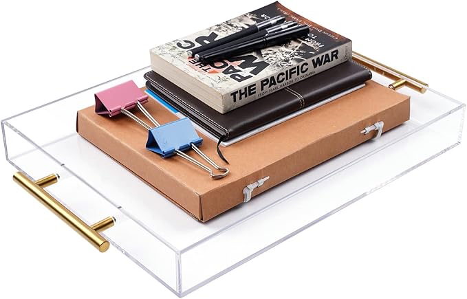 12"x16" Clear Acrylic Serving Tray with Golden Handles, Sturdy Huge Capacity Acrylic Tray for Coffee, Juice, Kitchen and Desk Organizer, Storage Tray (12"x16")