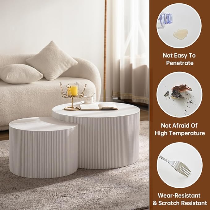 Round Nesting Coffee Table Set of 2 Modern Cream Fluted Coffee Table Small Round End Table Crescent Side Table Circular Coffee Tables Nested Coffee Tables for Living Room (Cream Large)