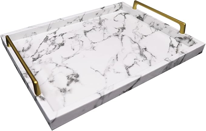 MCBZ Home Living Decor Tray, Coffee Table Tray,Ottoman Tray,Marbled Leather Tray, Serving Trays with Handles 16.5 * 12.6 Inch (White)