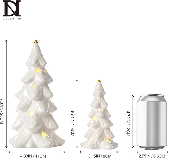 DN DECONATION Christmas Tree with Lights, Tabletop Xmas Trees with Star-Cutouts Leaves, 2Pcs White Prelit Ceramic Christmas Tree Figurines Holiday Centerpieces for Mantel & Shelves Decor