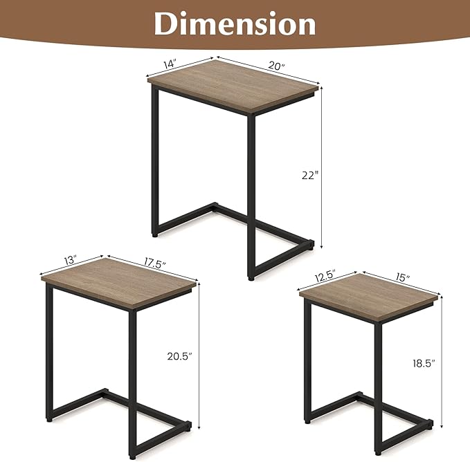 Giantex Nesting Coffee Table Set of 3, Stackable Square End Table w/Wood Grain Tabletop & Heavy-Duty Metal Frame, Farmhouse C-Shaped Accent Table for Small Space, Living Room, Bedroom (Black Oak)