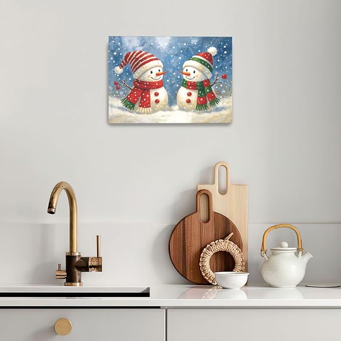 Christmas Snowman Wall Art Winter Holidays Canvas Wall Decor Pictures Paintings Prints Artwork Framed Decorations For Bathroom Bedroom Living Room Office Gifts 24" x 16"