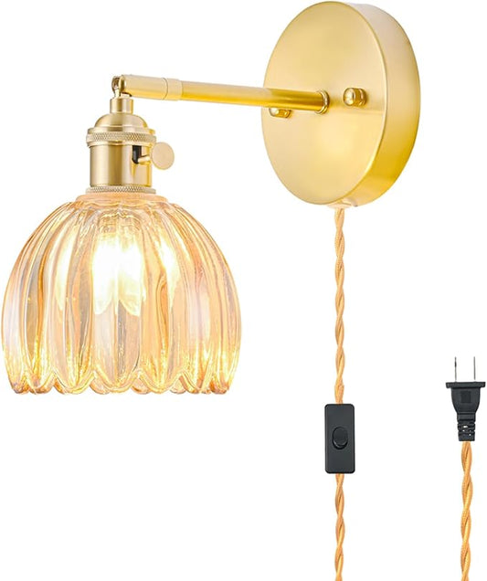Plug in Wall Sconce, Vintage Sconce Light with Tulip Amber Glass Lampshade, 180° Adjustable Wall Sconce with Switch and Plug in Wall Lamp Cord, Gold Wall Light for Bedroom Bedside