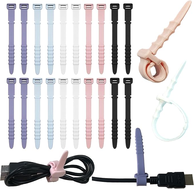 Silicone Zip Ties, Reusable Zip Ties, 20pcs Rubber Cable Ties Straps for Wire Management, Elastic Cable Organizer for Home Office Table Desk. 4.5” Cord Ties in White, Black, Pink, Purple and Blue
