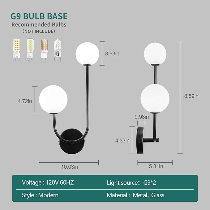 Milk Glass Wall Sconce Black Wall Sconces Mid Century Modern Sconces Wall Lighting 2 Light Globe Sconce for Bedroom Living Room Hallway Wall Light Fixtures