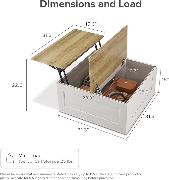 mopio Blake Lift Top Coffee Table with Storage, Modern Farmhouse Square Wood Center Coffee Table with Easy Lifting Top, Chamfered Edge & Soft Closing (White Oak)