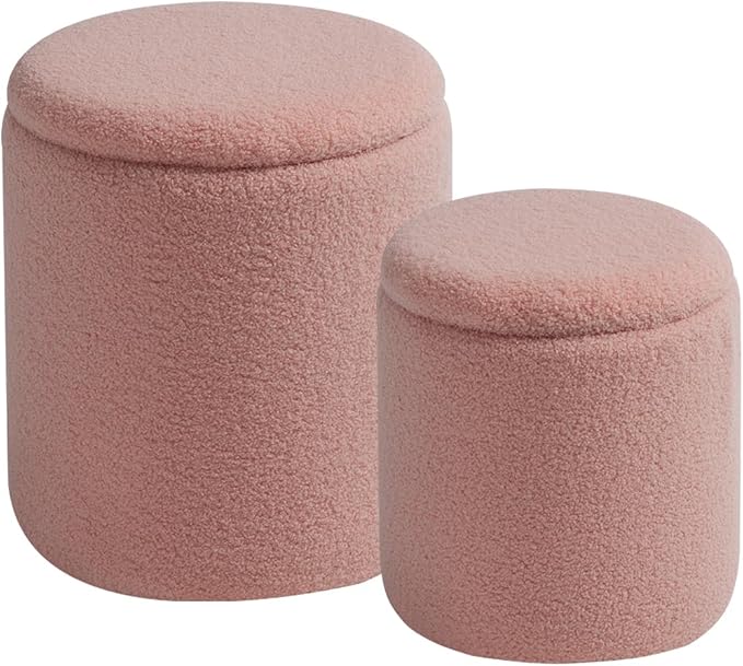 Round Ottoman with Storage Set of 2-Upholstered Sherpa Vanity Stool for Makeup Multifunctional Ottomans Coffee Table Padded Seat Foot Rest for Living Room&Bedroom(Sherpa Pink)