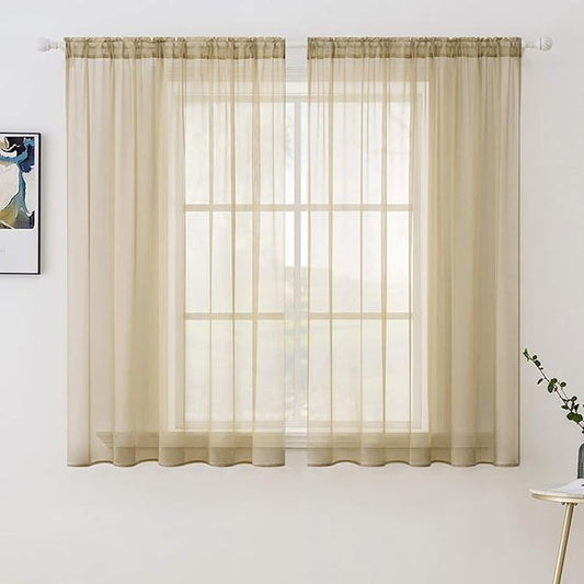 MIULEE 2 Panels Solid Color Sheer Window Curtains Elegant Window Voile Panels/Drapes/Treatment for Bedroom Living Room (54X54 Inches Beige)
