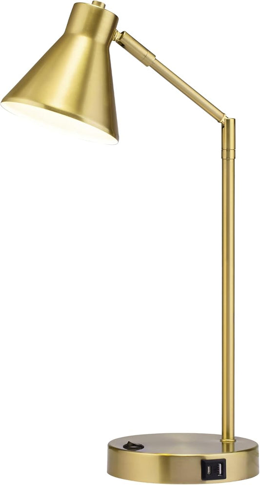 O'Bright Astrum - LED Desk Lamp with Dual USB Charging Ports, 100% Metal, 270 Degree Swivel Arms, Soft White Light (3000K), Bedside & Home Office Table Lamp, ETL Listed, Antique Brass Finish