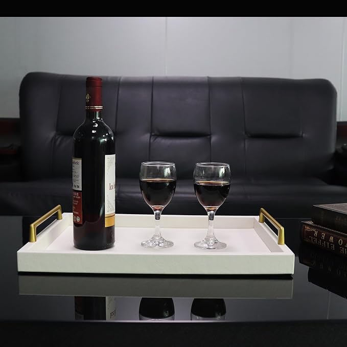 MCBZ Home Decor Rectangular Decorative Tray, Wooden Leather Serving Tray with Gold Hardware Carrying Handles, Suitable for Party Birthday Wedding Family All Occasions 16.5 * 12.6"（Creamy White）