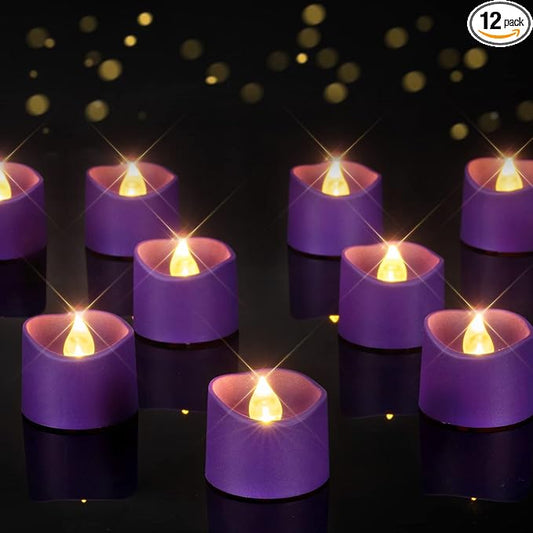 Homemory Purple Tea Lights Candles Battery Operated, 200+Hour Flameless Flickering Fake Electric LED Colored Tealights Candles for Party, Wedding, Halloween, Mardi Gras, Holiday Decor, 12-Pack