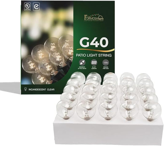 G40 26ft Indoor/Outdoor Clear Incandescent Christmas String/Patio Light with 25 Bulbs and E12 Base | 120V, 5W