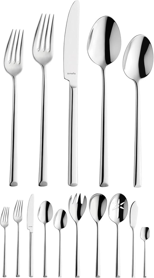 Amefa 45-Piece Silverware Flatware Cutlery Set Service for 8, Durable 18/10 Stainless Steel High Gloss Mirror Finish, tableware in Ergonomic Design Size and Weight, Dishwasher Safe (Metropole)