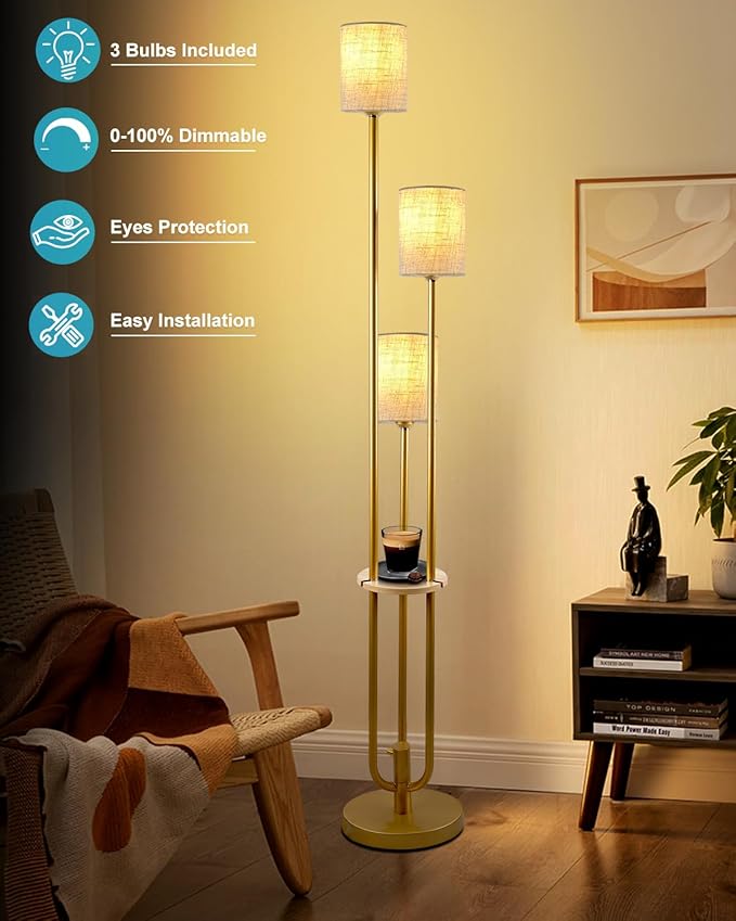 Lightdot Floor Lamp with Table and Shelves for Living Room Bedroom Shelf Floor Lamps with Linen Shade Dimmable Standing Lamp Vintage Retro Midcentury Gold Tall Floor Lamp Candle Holder Style
