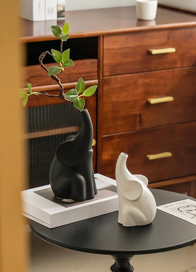 Loving Pair of Elephants,with Flower,Modern Ceramic Decor Statue,Good Luck Elephant,for Bookshelf Living Room Office Table Shelf Decorations.Gifts for Lover, Wife, Mother.