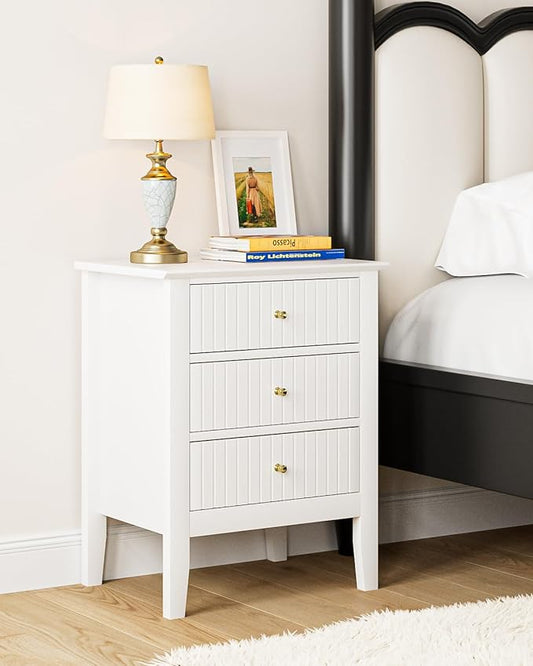 Fluted Nightstand, Farmhouse Night Stand with 3 Drawers, Mid Century Modern Side Accent Table,Bedside End Table for Bedroom, Living Room, White