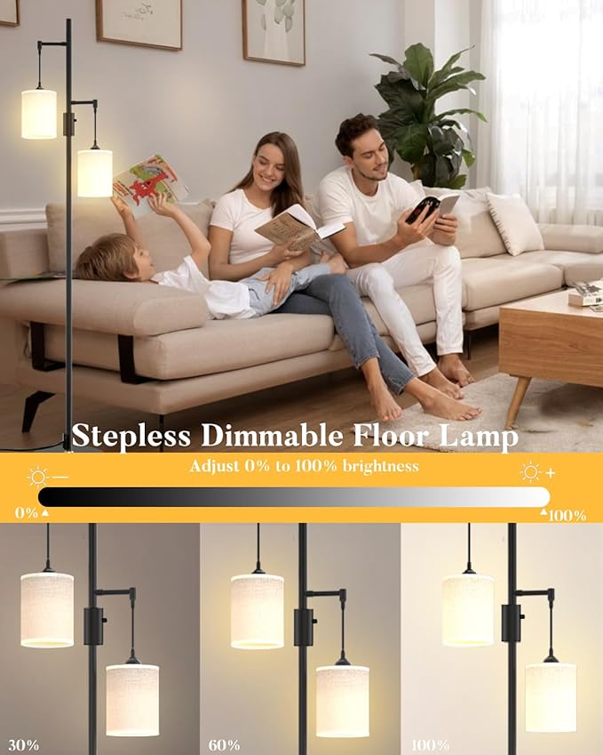 65IN Dimmable (Brightness Adjustable) Tree Floor Lamp, Mid Century Tall Standing Lamps with 2 E26 3000K LED Bulbs, Fabric Shades, Industrial Modern Floor Lamp for Living Room Bedroom