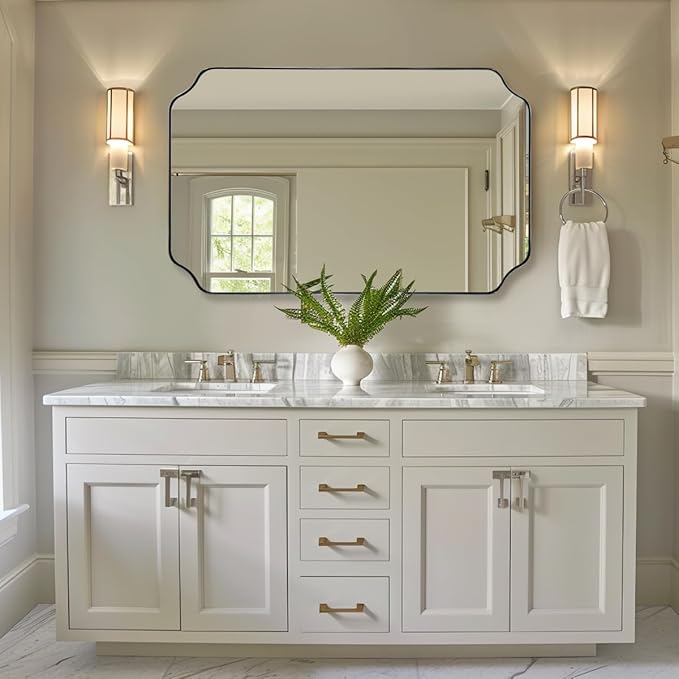 ANDY STAR 30x48 Inch Brushed Nickel Mirror, Large Silver Rectangle Mirror, Unique Scalloped Edge Design with Anti-Rust Stainless Steel Metal 1’’ Frame, Wall Mounts Vertically or Horizontally