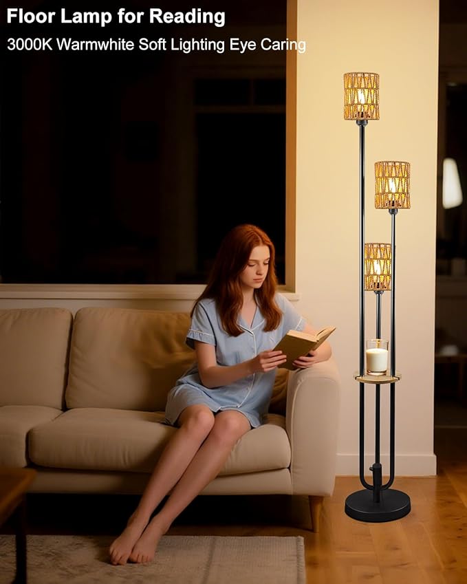 Lightdot Dimmable Boho Floor Lamps for Living Room, 3-Lights Rattan Floor Lamp with Shelves, 3000K Warmwhite Candle Holder Style Farmhouse Floor Lamp, Rustic Black Standing Lamp with Bulbs Included