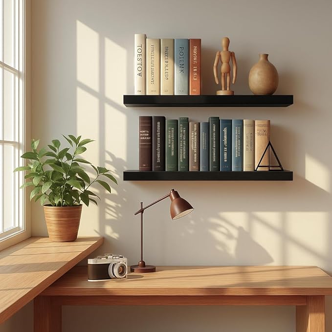 Solid Walnut Floating Shelves for Wall, 16"*6.7"*1.6"Real Thick Wood Mounted Wall Display Shelf with Joinery for Home Decor, Bathroom,Kitchen Set of 1（ Black Stain）