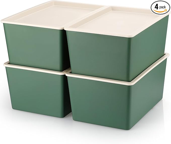 Menkxi 4 Pcs Storage Bins with Lids Plastic Containers Stackable Storage Box Baskets for Organizing Shelves(Green,Large)