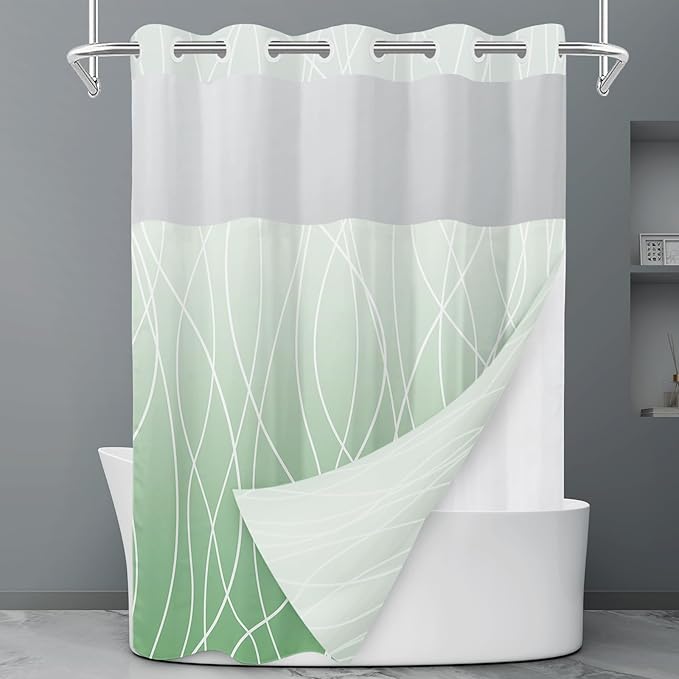No Hook Ombre Green Striped Shower Curtain with Snap in Liner Set - Hotel Shower Curtain and Liner Set with See Through Mesh Top Window,Machine Washable, 71x74 INCH