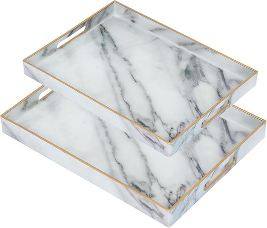 Set of 2 Serving Tray,Plastic Marble Coffee Table Tray 18.9"x13.7"x1.6"/15.7"x11.8"x1.6" Food Trays for Eating on Lap Coffee Tray with Handles Rectangular Decorative Trays,Tea Trays for Serving