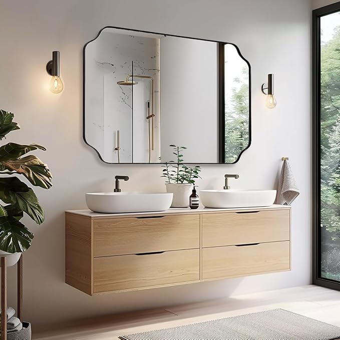 ANDY STAR 30x48 Inch Large Mirror, Matte Black Rectangle Mirror for Wall, Bathroom Mirror in Premium Stainless Steel Metal Thin Frame Deep 1’’, Unique Scalloped Edge, Hangs Vertically/Horizontally