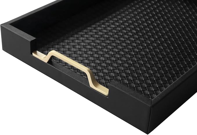 HofferRuffer Faux Leather Rectangle Serving Tray Decor Platter with Gold Metal Handles for Coffee Table, Breakfast, Tea, Food, Countertop, Kitchen, Butler Tray, 16.2 x 12.2 x 2 inches (Classic Black)