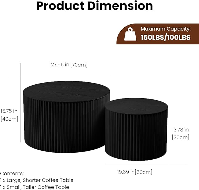 Nesting Coffee Table Set of 2 Modern Round Coffee Table with Non-Slip Feet Wood Drum Circle Accent Tables End Table Set for Living Room Bedroom Office (Black Round Set)