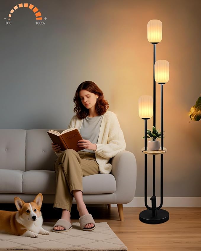 Lightdot Black Dimmable Floor Lamp with Shelf, Modern Floor Lamps with Oval Striped Lampshade 3000K Soft Warm White 3-Lights Candle Holder Style Tall Lamp for Living Room/Bedroom