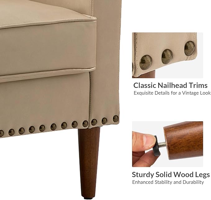 HULALA HOME Faux Leather Accent Armchairs Set of 2 with Back & Seat Cushions, Traditional Club Chairs with Nailhead Trim, Comfy Upholstered Sofa Chairs for Living Room Bedroom, Beige