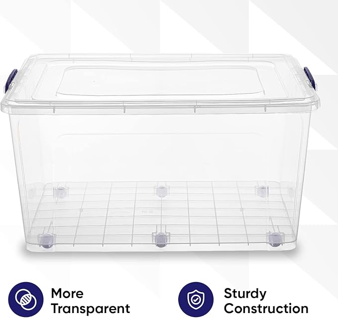 Superio Storage Containers With Wheels (3 Pack), Opaque Clear Stackable Large Storage Containers With Lids, Durable Latches (85 Quart)