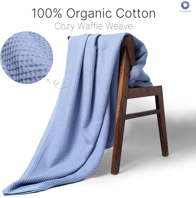 GOTS Certified Organic Cotton Waffle Weave Cozy Throw Blanket for Twin Bed & Couch - 66"X90", Modern Home Decor - Powder Blue