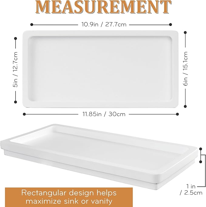 Acacia Rectangle Organizer Tray - 11.8 x 5.9 Inches, Soap Tray for Bathtub Countertop Sink Dresser Toilet Tank - Home Decoration for Jewelry Dish Key Plate (White)