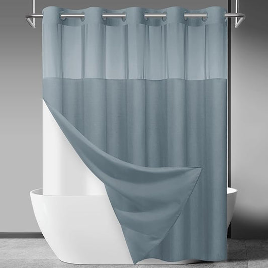 No Hook Slub Textured Shower Curtain with Snap in Liner - Stone Blue Fabric Outer Curtain & Waterproof Inner Liner, Hotel Style with See Through Top Window, 71x74 in