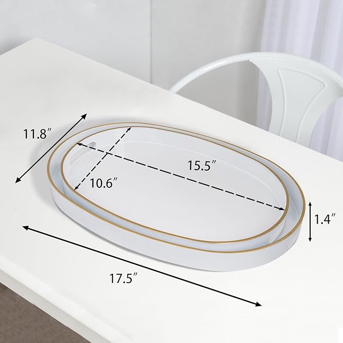 MAONAME White Serving Trays with Handles, Oval Decorative Trays for Coffee Table, Nesting Tray Set of 2, Plastic Vanity Tray for Ottoman, Living Room
