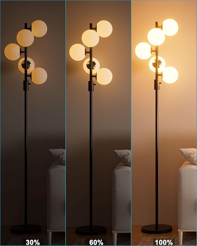 Lightdot 5-Globe Dimmable Globe Floor Lamp Black Retro Standing Lamps with 5Pcs 3000K G9 Bulbs Stepless Brightness Adjustable Mid Century Modern Floor Lamp with Stable Base for Living Room/Office
