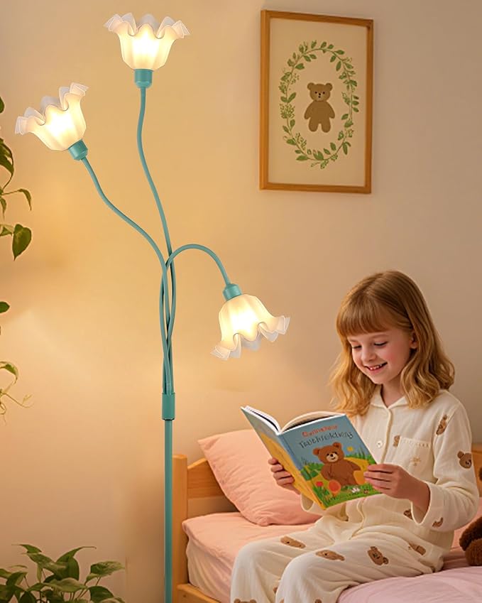 Lightdot Flower Floor Lamp for Living Room, Cute Corner Floor Lamp with Adjustable Goosenecks, 3 Light Standing Lamp with Bulbs Included, LED Tall Floor Lamps for Bedroom Kids Room(Green)