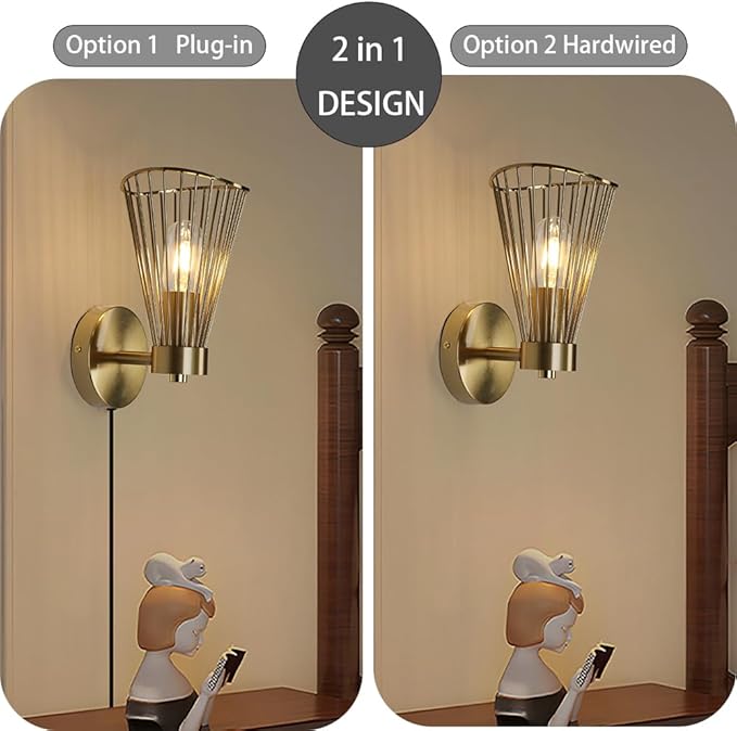 Plug in Wall Sconces Vintage Wall Light with On/Off Switch Gold Modern Wall Lamp with Plug in Cord for Living Room Bedroom Bedside Hallway Vanity