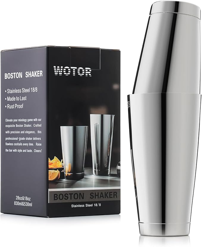 WOTOR Boston Cocktail Shaker Set, 18 oz & 28 oz Stainless Steel Weighted Shaker Tins, Metal Martini Shaker Drink Mixer for Bartending, professional Bar Tools for Bartender （Sliver）