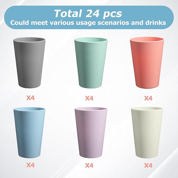 24 Pcs Unbreakable Plastic Cups Set, 14 oz Reusable Plastic Cups, Stackable Water Tumblers, Drinking Cup for Kitchen, Outdoor, BPA-free, Dishwasher Refrigerator and Microwave Safe (14 oz, 6 Colors)