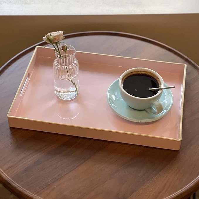 Zosenley Decorative Tray, Rectangular Plastic Tray with Handles, Modern Vanity Tray and Serving Tray for Bathroom, Kitchen, Ottoman and Coffee Table, 15.6” x 10.2” (Pink)