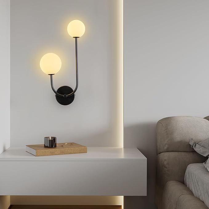 Milk Glass Wall Sconce Black Wall Sconces Mid Century Modern Sconces Wall Lighting 2 Light Globe Sconce for Bedroom Living Room Hallway Wall Light Fixtures