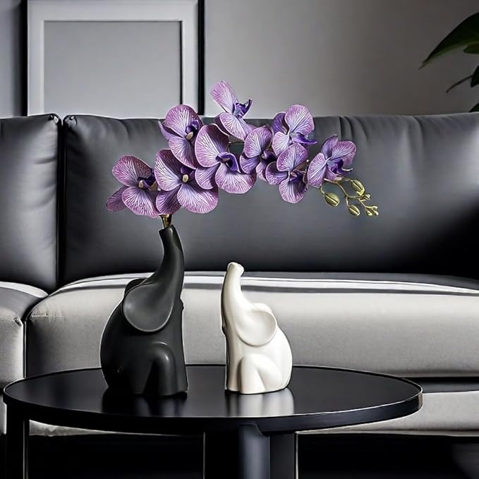Loving Pair of Elephants,with Flower,Modern Ceramic Decor Statue,Good Luck Elephant,for Bookshelf Living Room Office Table Shelf Decorations.Gifts for Lover, Wife, Mother. (Black white purple)